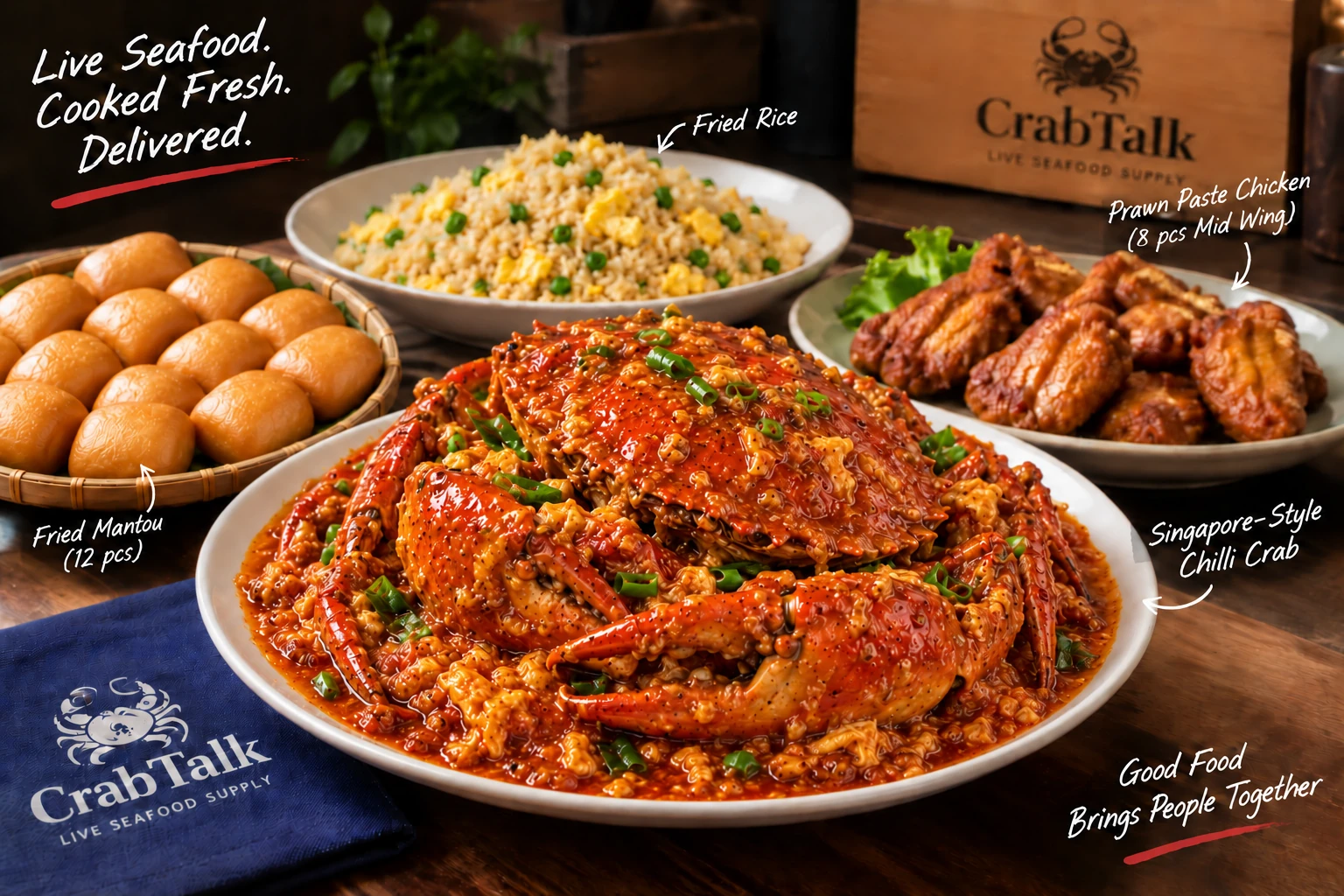 Crab Talk cooked crab family feast with Singapore-style chilli crab, fried rice, prawn paste chicken and fried mantou